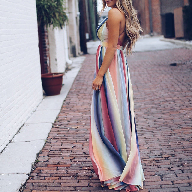 Women’s Maxi Dress | V-Neck & Multicolor Stripes | Elegant Silhouette | Chiffon