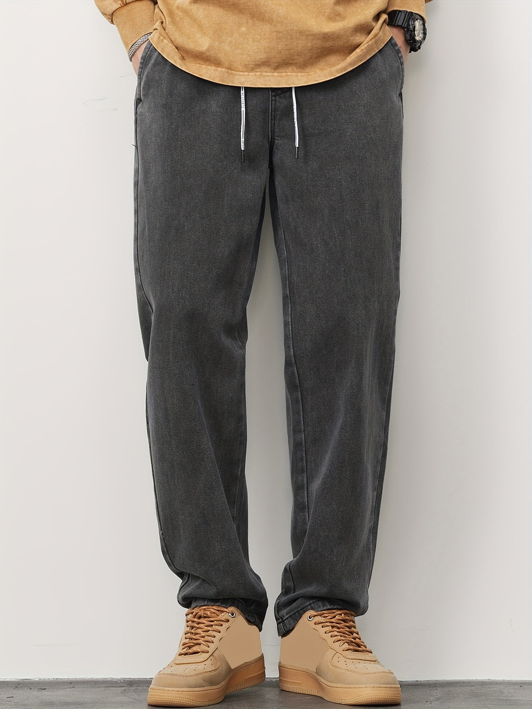 Men's Denim Pants | Washed Look with Pockets | Drawstring & Straight Leg | Casual & Outdoor