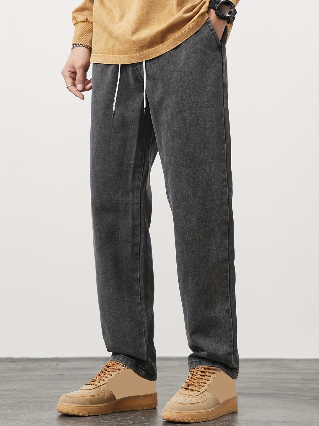 Men's Denim Pants | Washed Look with Pockets | Drawstring & Straight Leg | Casual & Outdoor