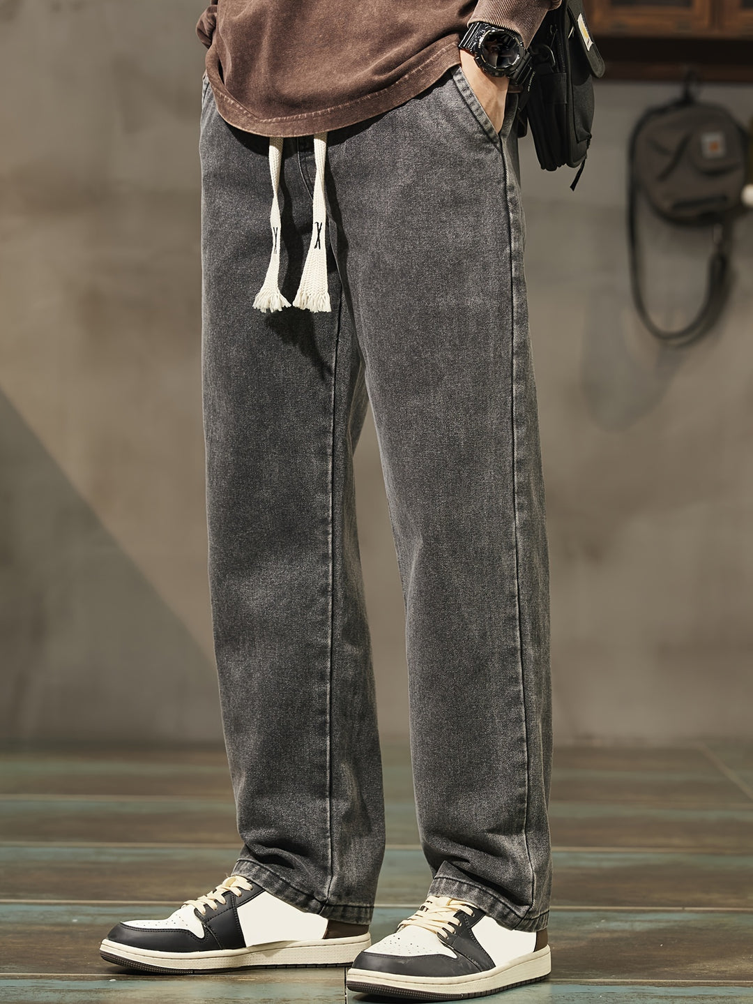 Men's Denim Pants | Washed Look & Drawstring | Straight Leg with Pockets | Casual