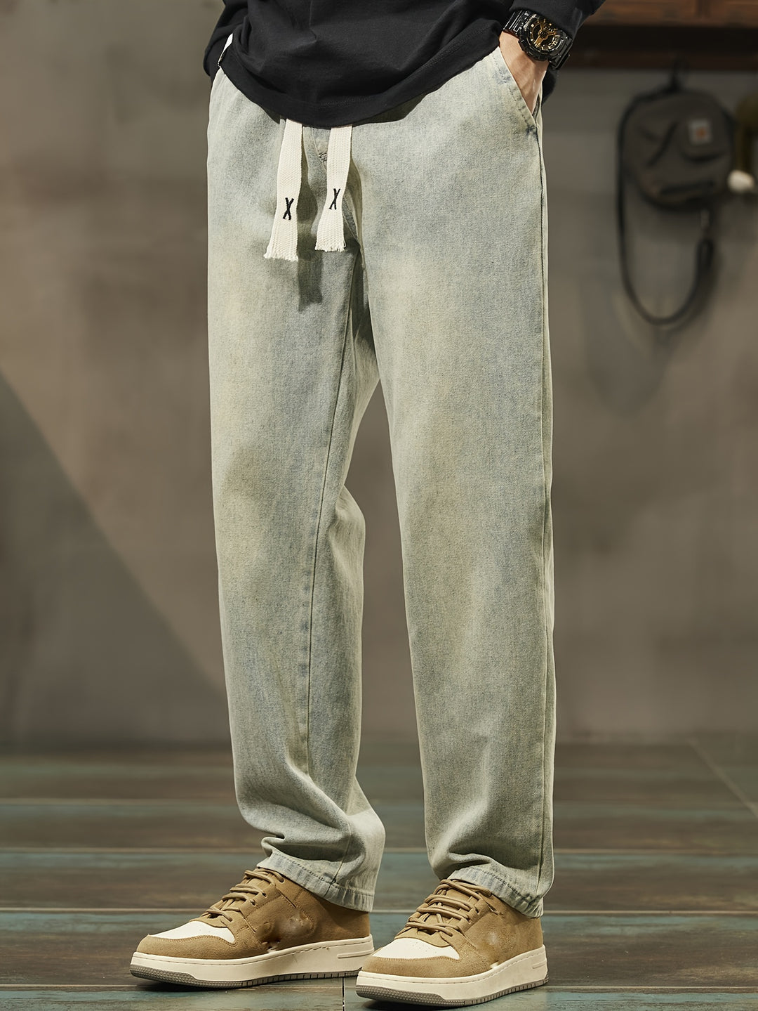 Men's Denim Pants | Washed Look & Drawstring | Straight Leg with Pockets | Casual