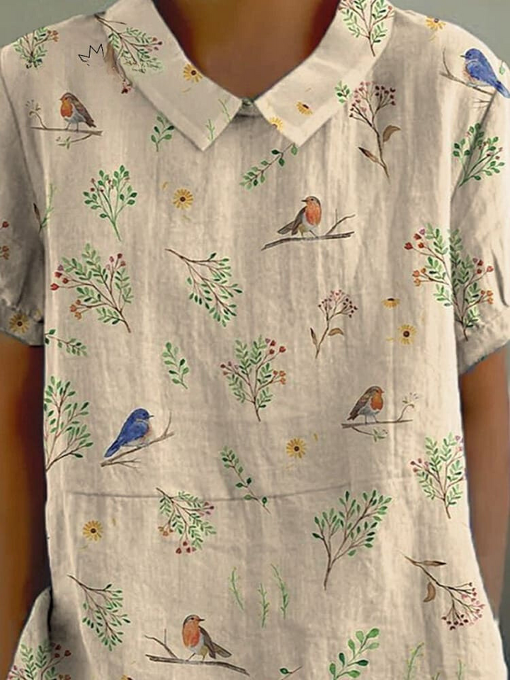 Women's Casual Shirt | Nature Print with Robin Bird | Breathable & Lightweight | Cotton Linen