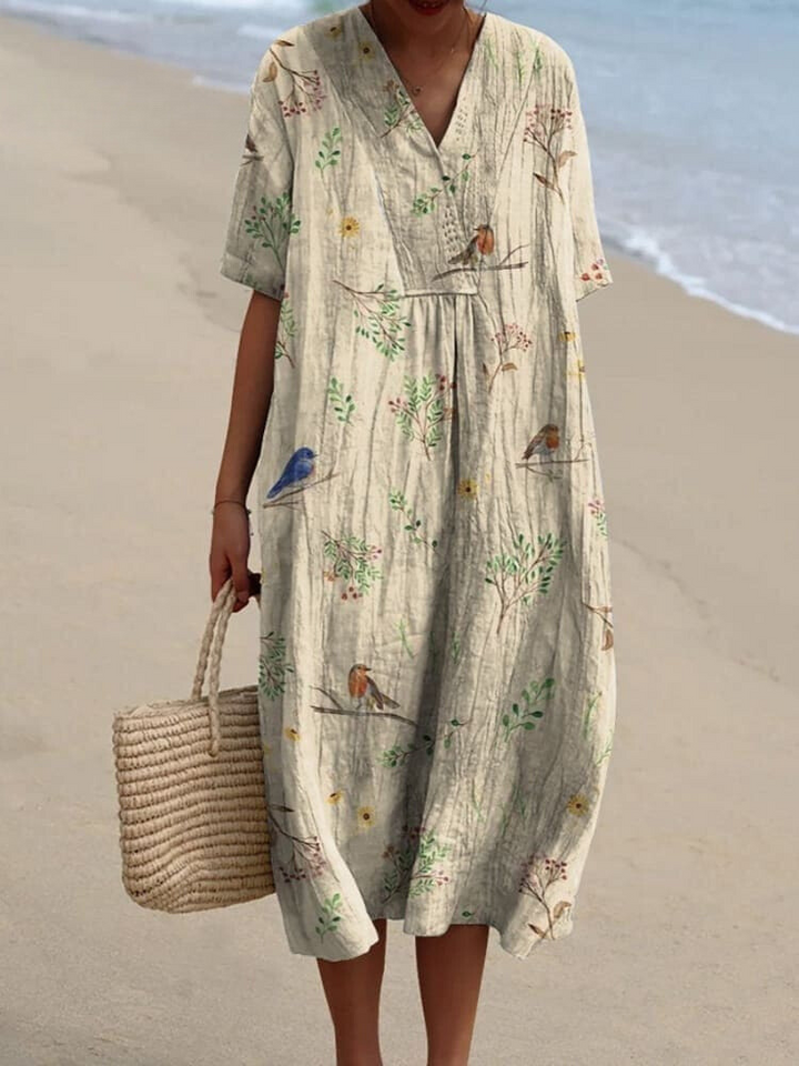 Women's Casual Shirt | Nature Print with Robin Bird | Breathable & Lightweight | Cotton Linen