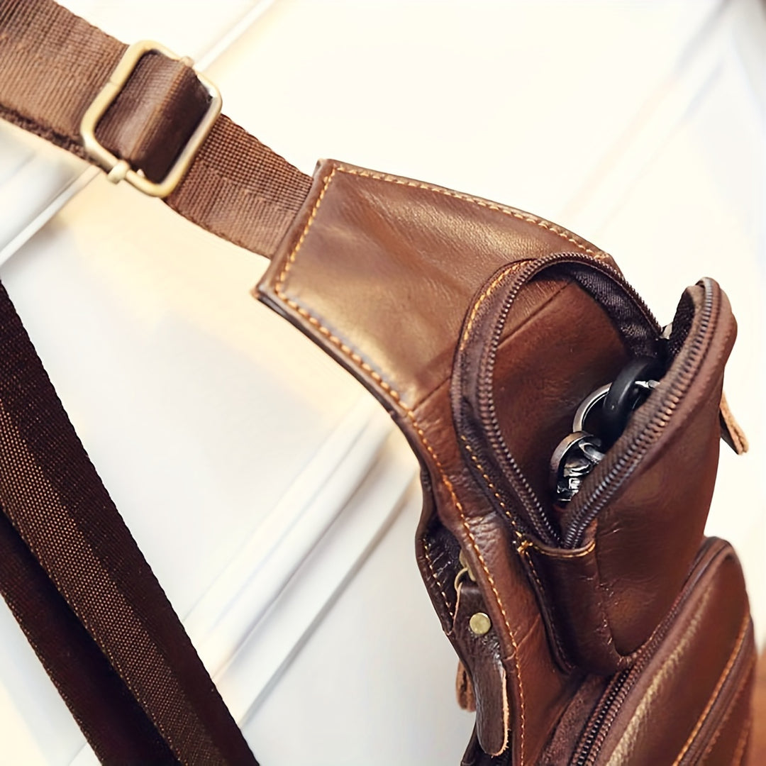 Men's Vintage Sling Bag | Genuine Leather | Lightweight Crossbody | Multiple Zipper Pockets