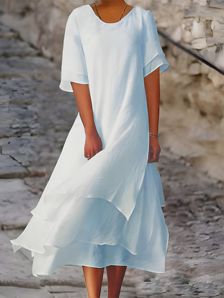 Women's Layered Dress | Colorblock Design & Side Slit | Soft Cotton-Linen Blend | Round Neck