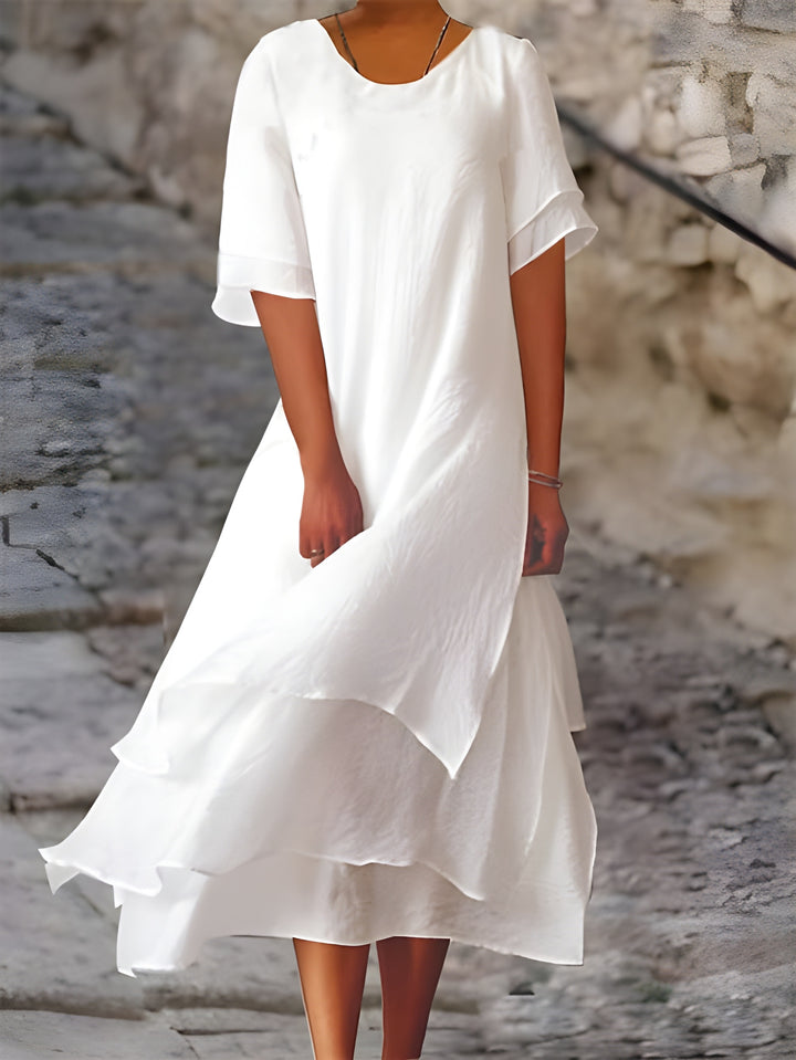 Women's Layered Dress | Colorblock Design & Side Slit | Soft Cotton-Linen Blend | Round Neck