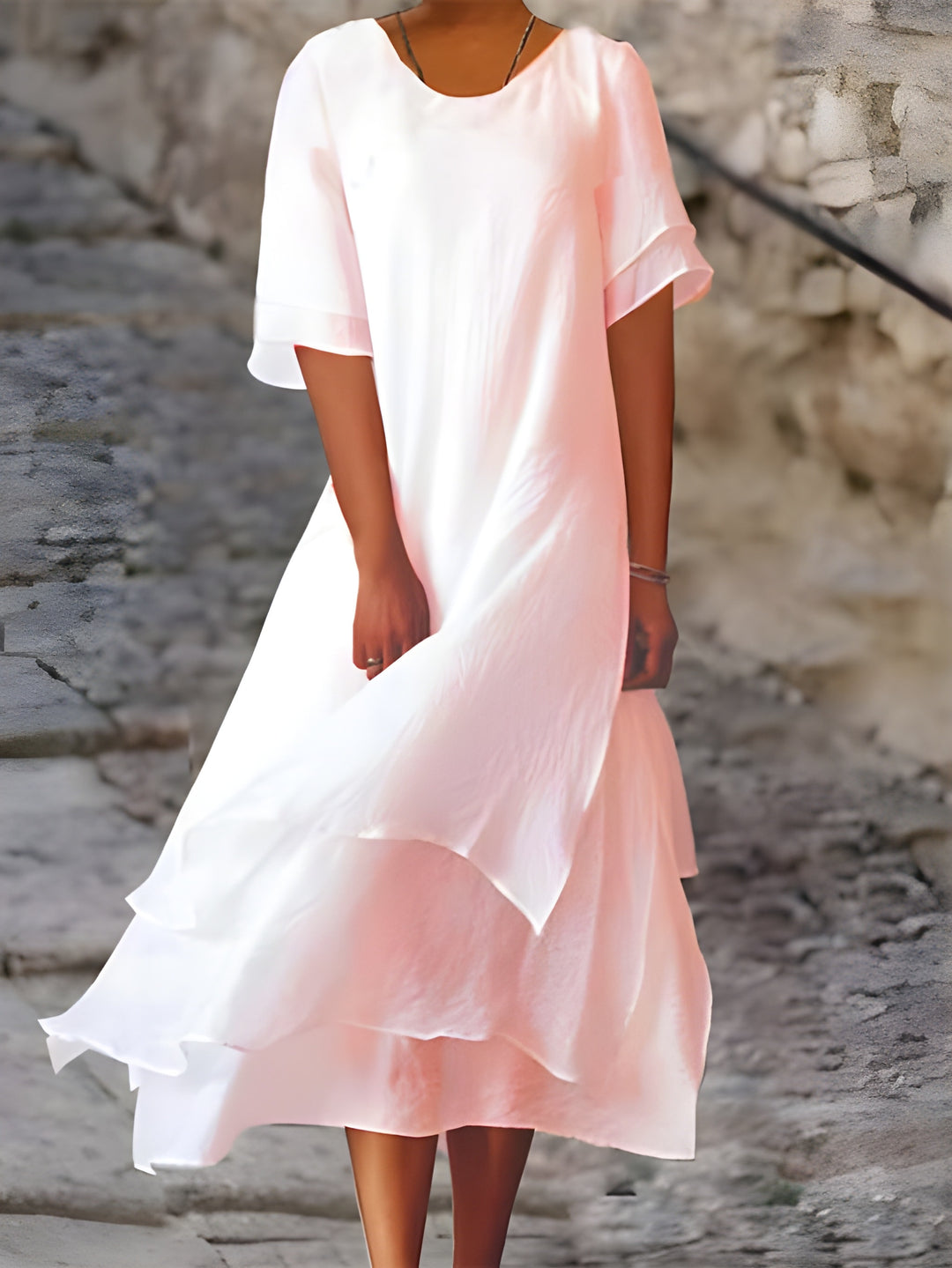 Women's Layered Dress | Colorblock Design & Side Slit | Soft Cotton-Linen Blend | Round Neck