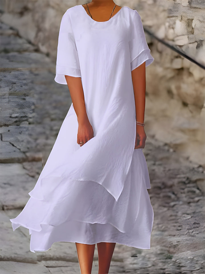 Women's Layered Dress | Colorblock Design & Side Slit | Soft Cotton-Linen Blend | Round Neck