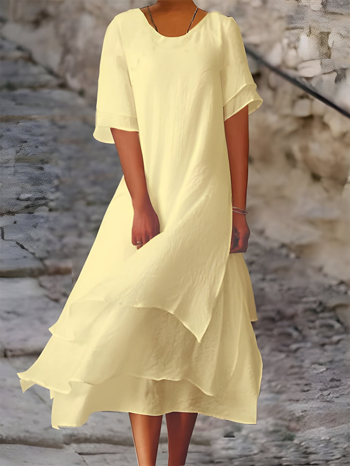 Women's Layered Dress | Colorblock Design & Side Slit | Soft Cotton-Linen Blend | Round Neck