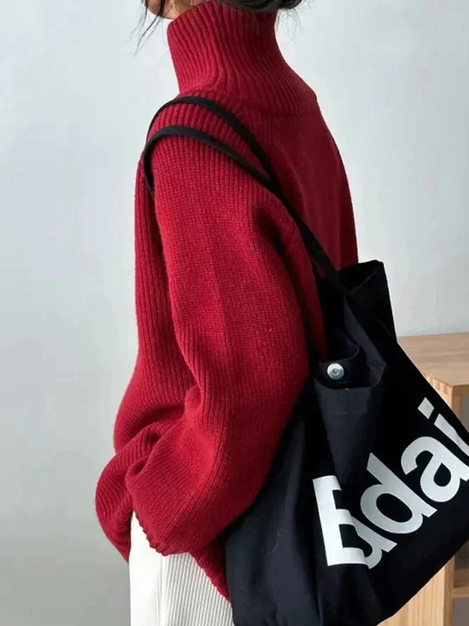 Red High-Neck Sweater for Women | Solid Color | Elegant Fit | Soft & Warm