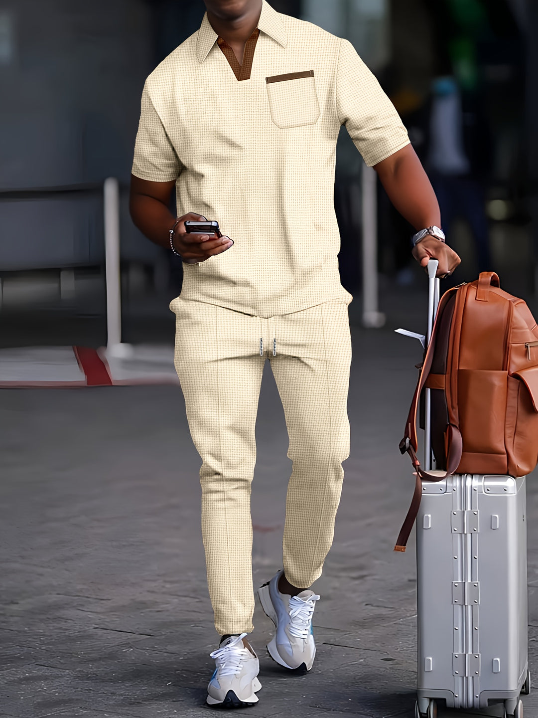 Men's 2-Piece Set | Trendy Waffle Collar | Comfortable Long Trousers | Polyester