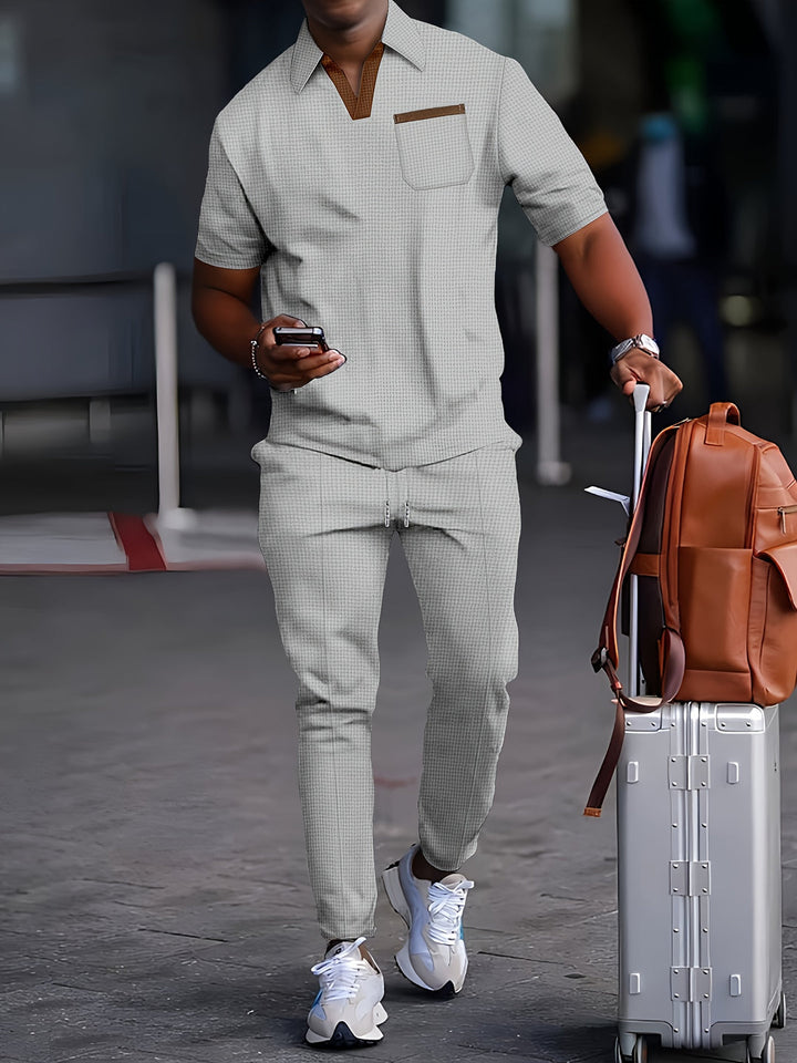 Men's 2-Piece Set | Trendy Waffle Collar | Comfortable Long Trousers | Polyester