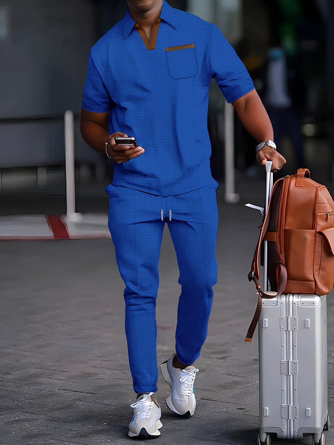 Men's 2-Piece Set | Trendy Waffle Collar | Comfortable Long Trousers | Polyester