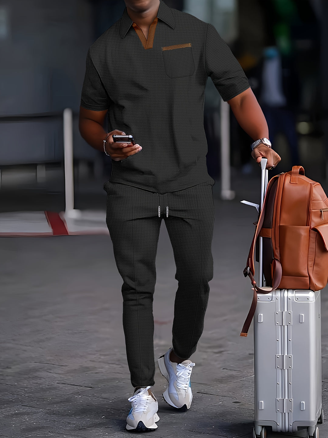 Men's 2-Piece Set | Trendy Waffle Collar | Comfortable Long Trousers | Polyester