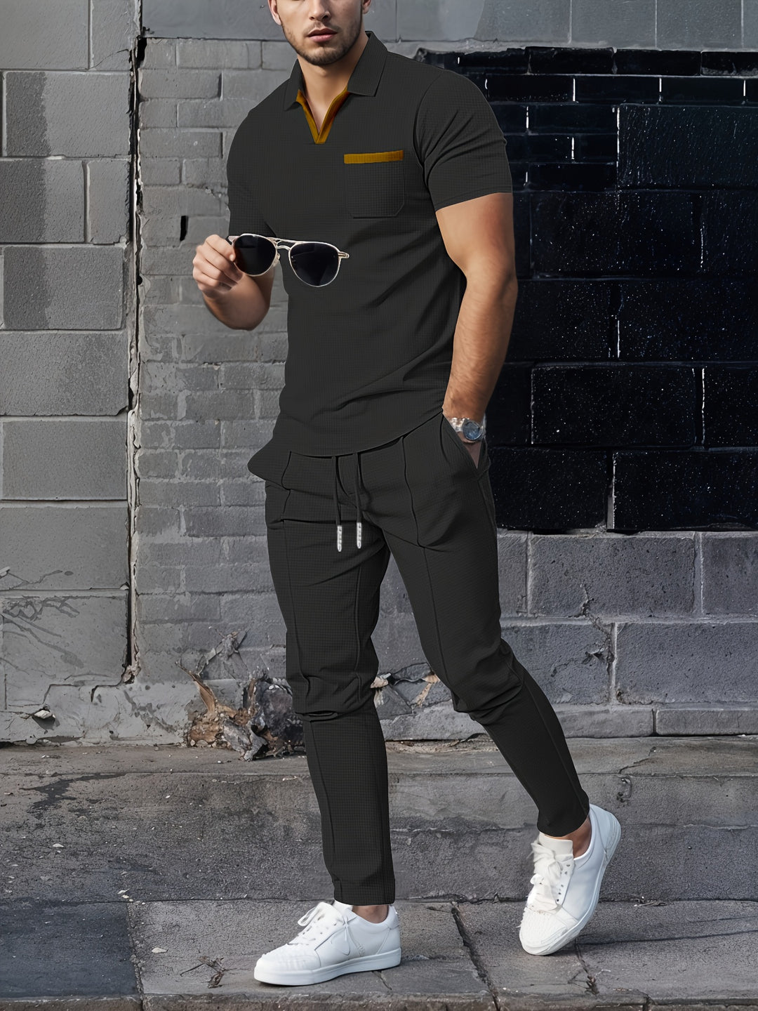 Men's 2-Piece Set | Trendy Waffle Collar | Comfortable Long Trousers | Polyester