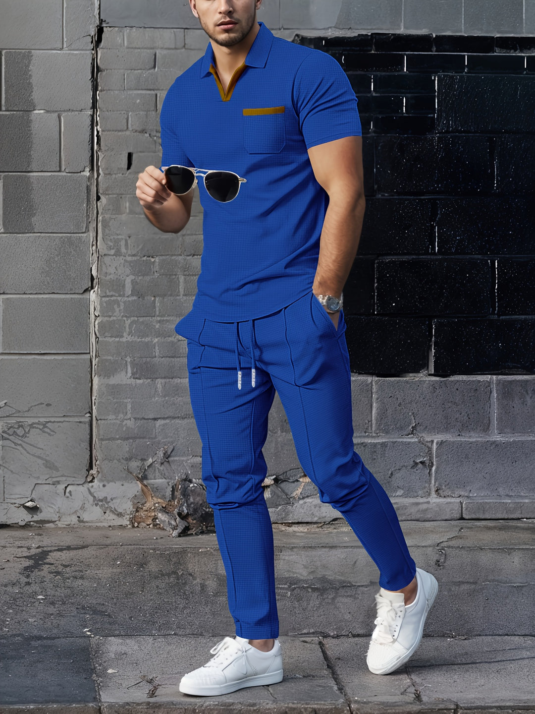 Men's 2-Piece Set | Trendy Waffle Collar | Comfortable Long Trousers | Polyester