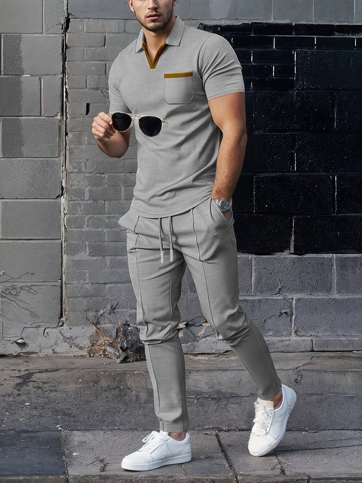 Men's 2-Piece Set | Trendy Waffle Collar | Comfortable Long Trousers | Polyester