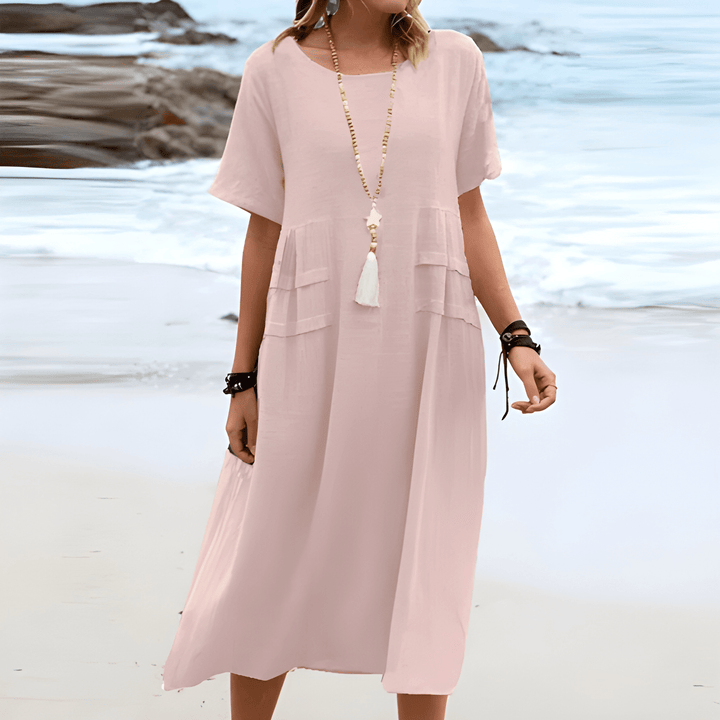 Women's Casual Dress | Round Neck & Mid-Sleeves | Easy-Care Fabric | Cotton-Linen Blend