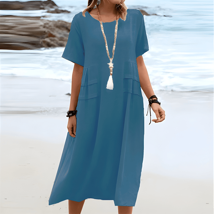 Women's Casual Dress | Round Neck & Mid-Sleeves | Easy-Care Fabric | Cotton-Linen Blend