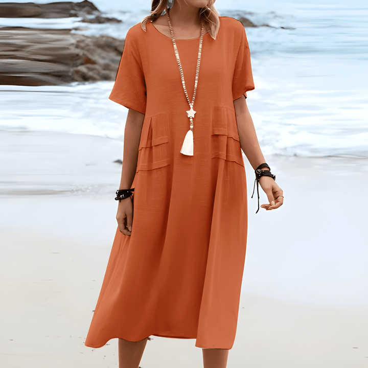Women's Casual Dress | Round Neck & Mid-Sleeves | Easy-Care Fabric | Cotton-Linen Blend