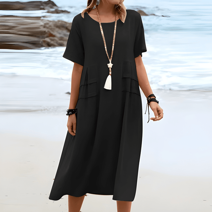 Women's Casual Dress | Round Neck & Mid-Sleeves | Easy-Care Fabric | Cotton-Linen Blend