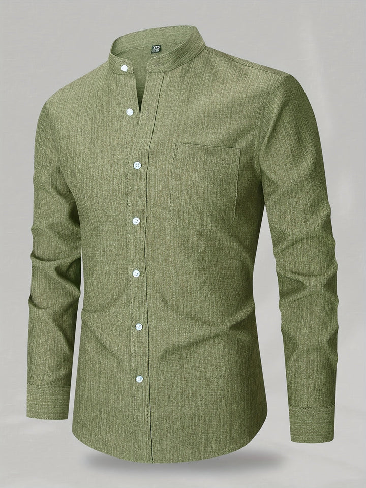 Men’s Shirt | Long Sleeve with Chest Pocket | Round Neck & Solid Color | Polyester