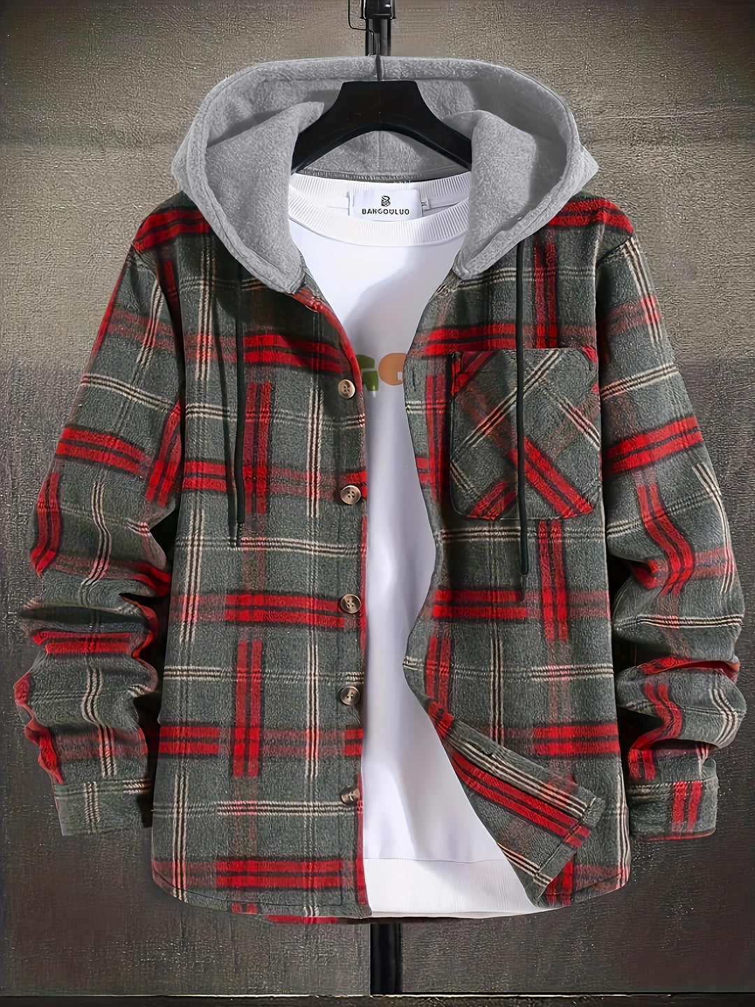 Men’s Jacket | Checked Pattern | With Hood & Button Closure | Casual