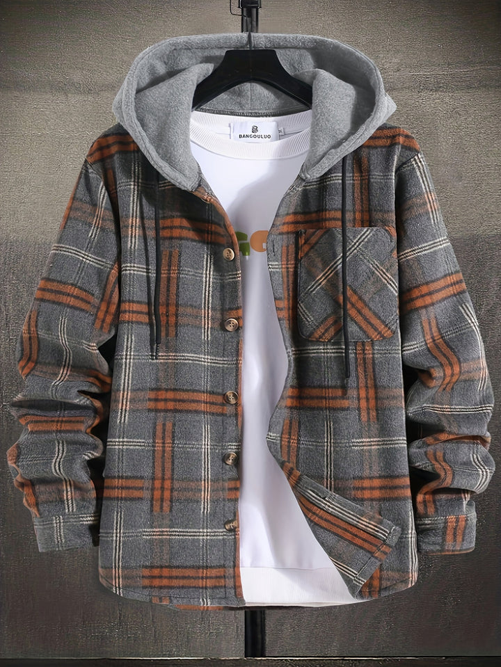 Men’s Jacket | Checked Pattern | With Hood & Button Closure | Casual