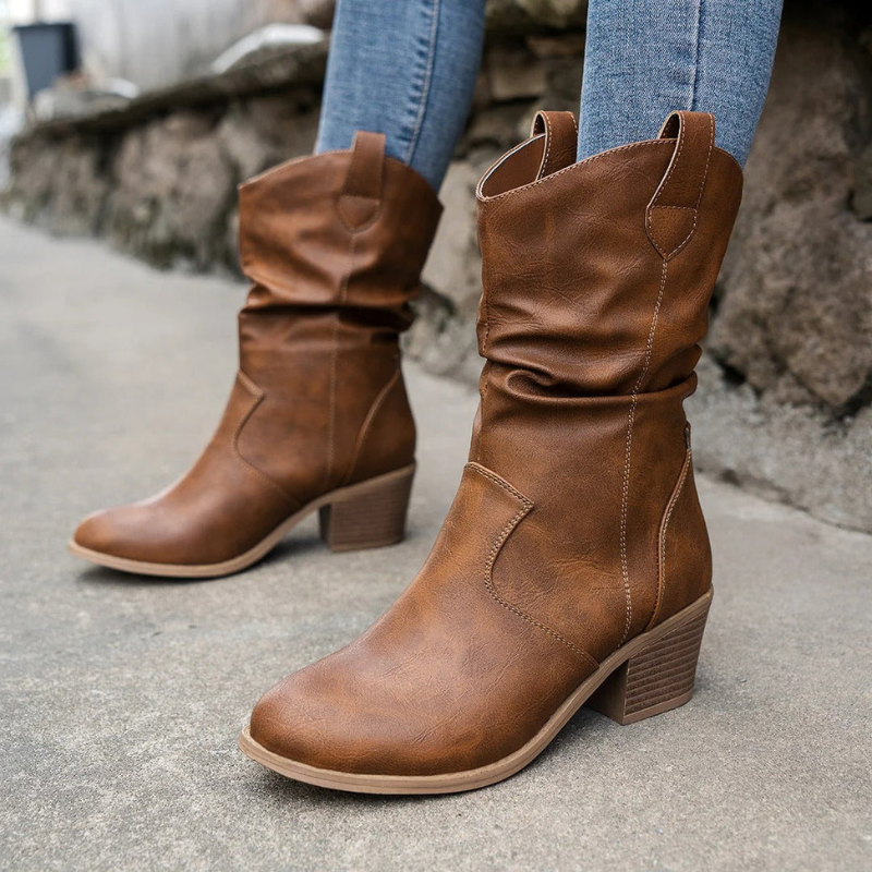 Women’s Boots | Mid-Calf Cowboy Shoes | Retro Chunky Heels