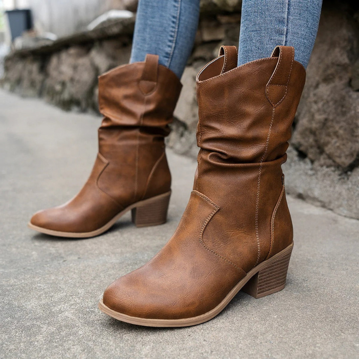 Women’s Boots | Mid-Calf Cowboy Shoes | Retro Chunky Heels