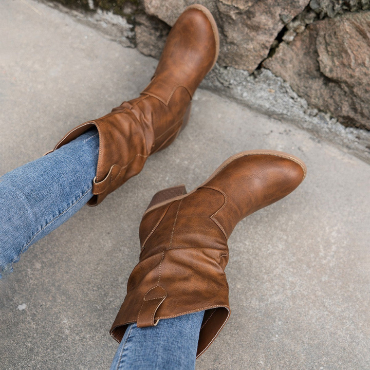 Women’s Boots | Mid-Calf Cowboy Shoes | Retro Chunky Heels