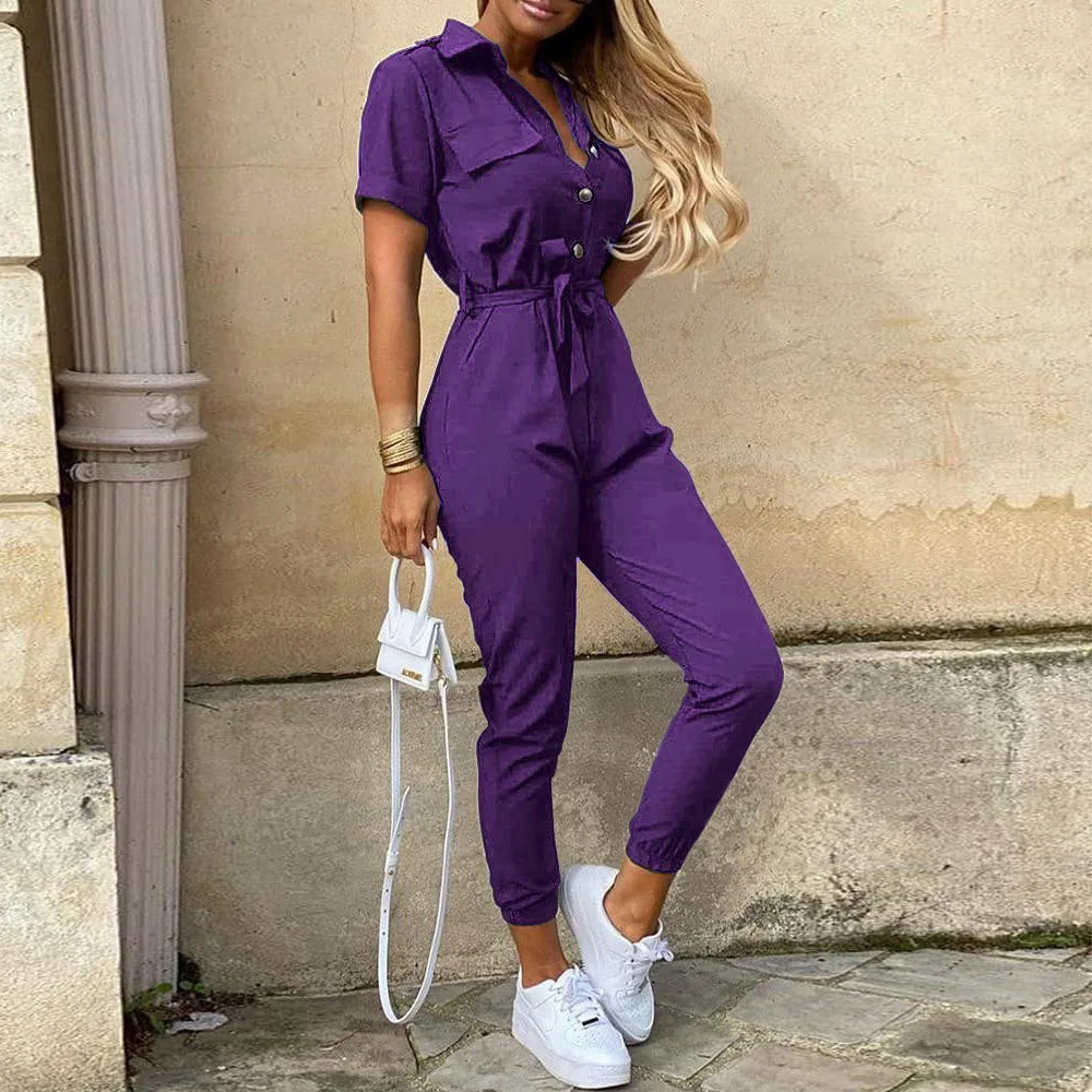 Women's Jumpsuit | Short Sleeve with Lapel | Printed Belt & Elegant Fit | Polyester
