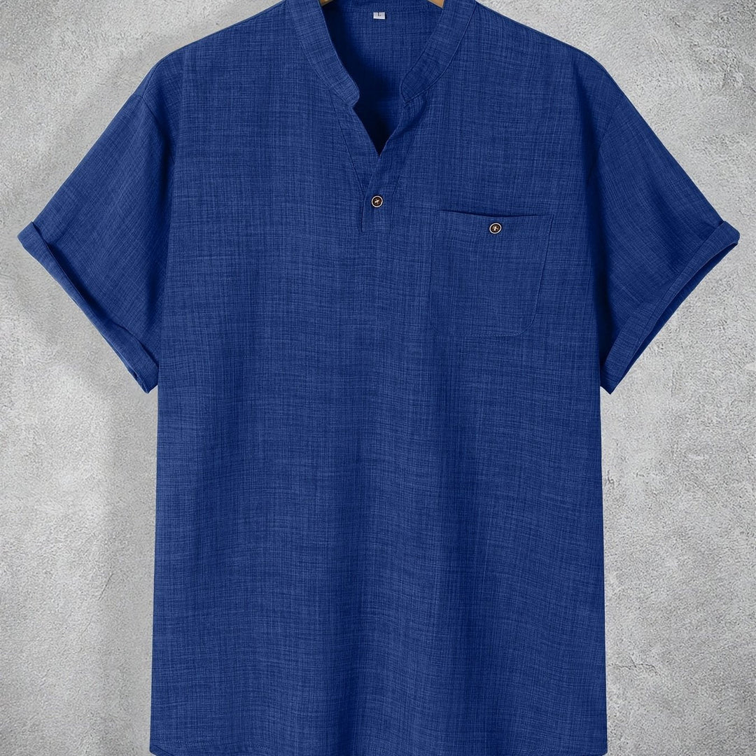Men's Summer Shirt | Lightweight & Slim Fit | Stand Collar & Chest Pocket | Polyester