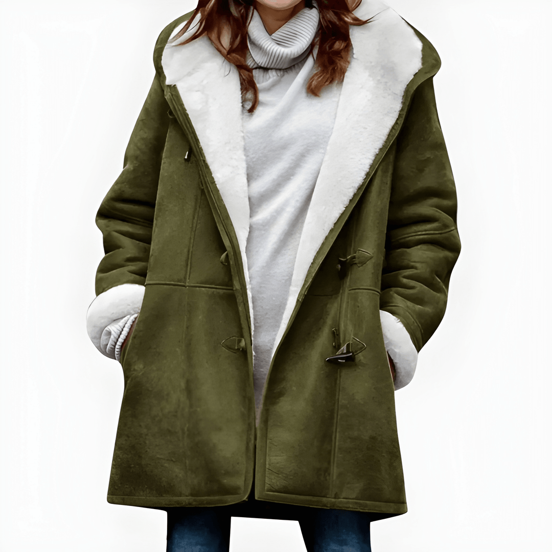 Women’s Winter Jacket | Long with Hood | Thick & Warm | Horn Buttons