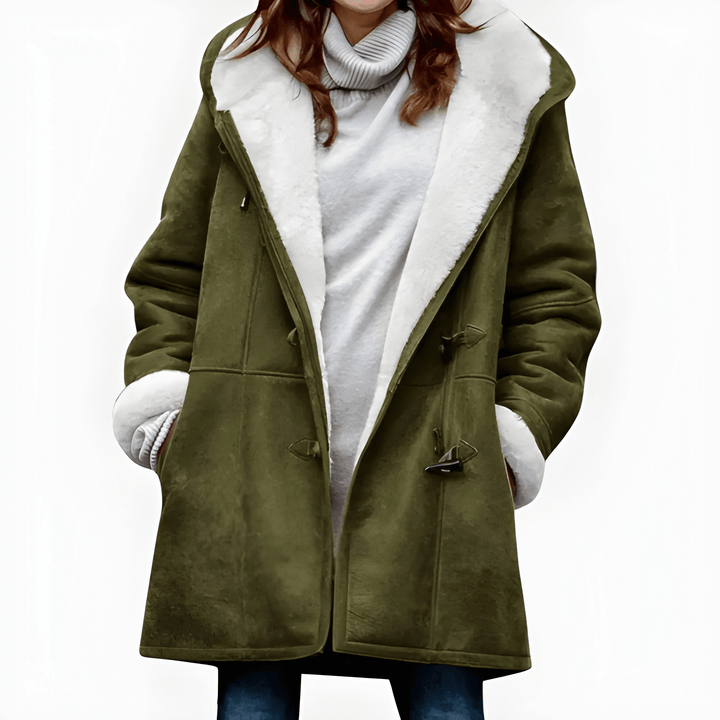 Women’s Winter Jacket | Long with Hood | Thick & Warm | Horn Buttons