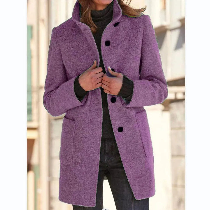 Women’s Coat | Retro Commuter Style | Stand Collar & Pockets | Polyester