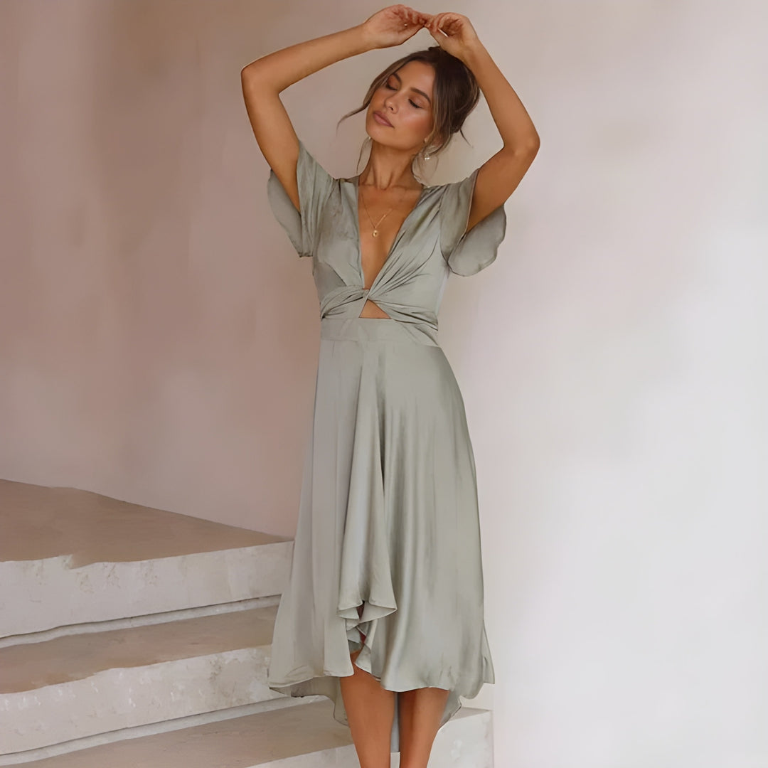 Women's Long Dress | Elegant V-Neck with Puff Sleeves | Corset Waist & Asymmetrical Skirt | Polyester