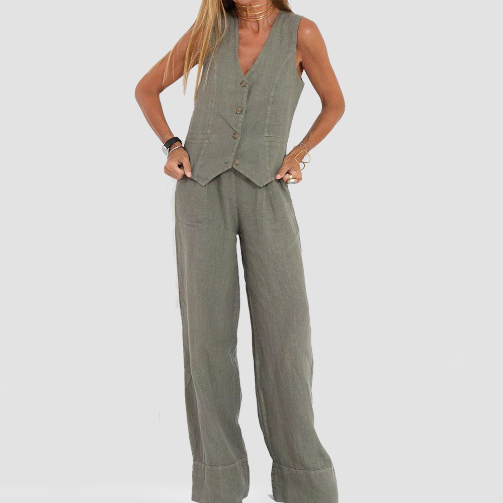 Women's Summer Set | Sleeveless Buttoned Vest | Lightweight Cotton-Linen Blend