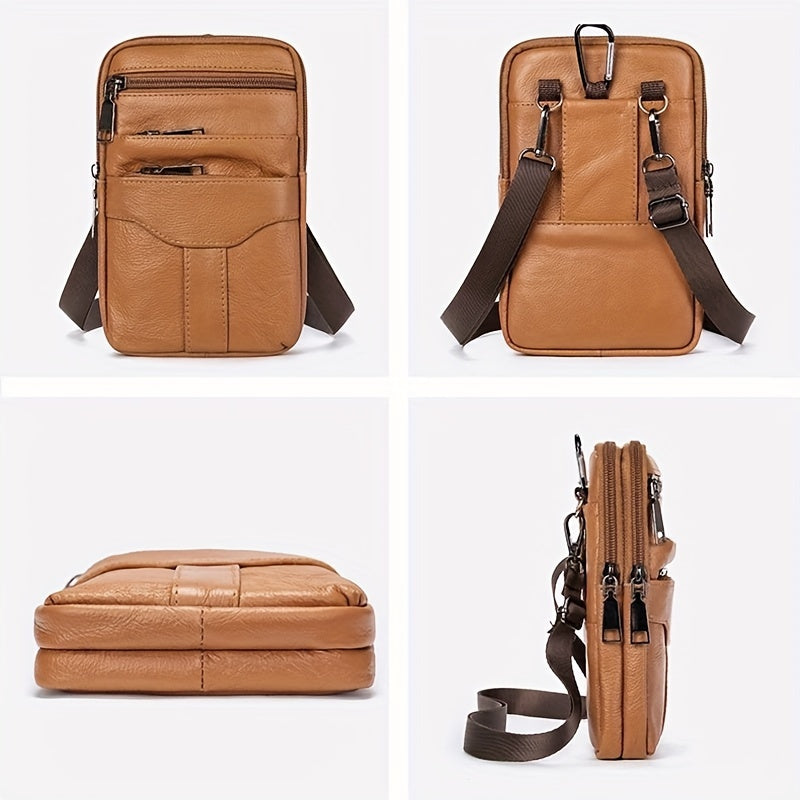 Men’s Waist Bag | Genuine Cowhide Leather | With Phone Holder & Multiple Zip Pockets