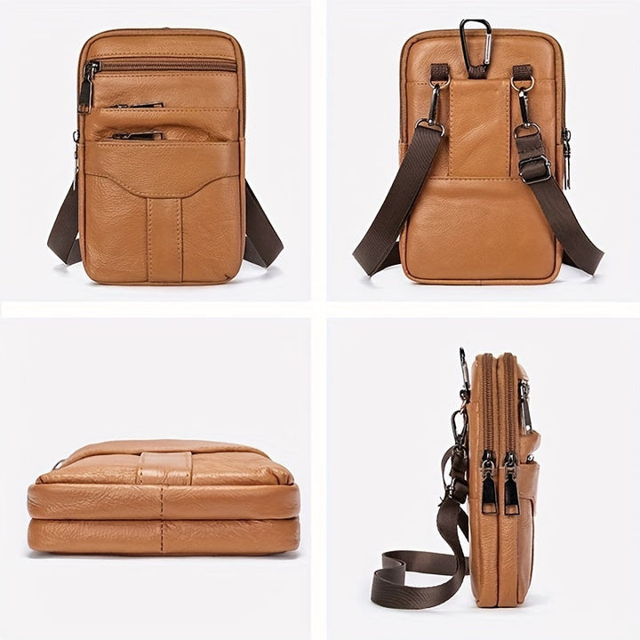 Men’s Waist Bag | Genuine Cowhide Leather | With Phone Holder & Multiple Zip Pockets