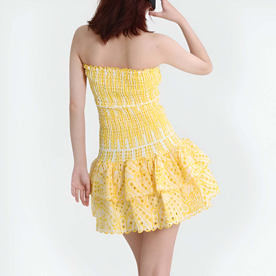 Women’s Mini Dress | Boho & Summery | Strapless with Ruffle | Embroidered Flowers