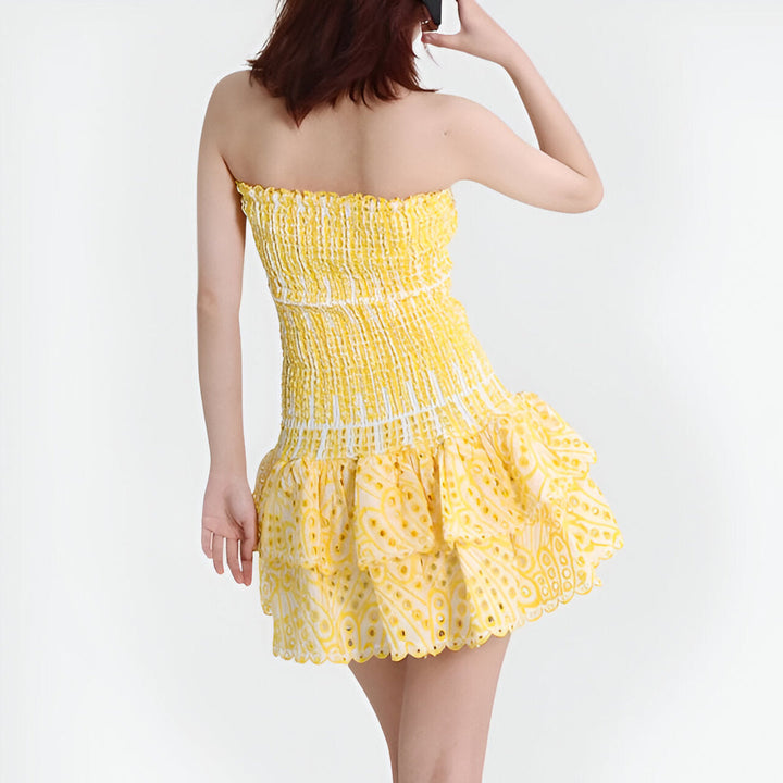 Women’s Mini Dress | Boho & Summery | Strapless with Ruffle | Embroidered Flowers