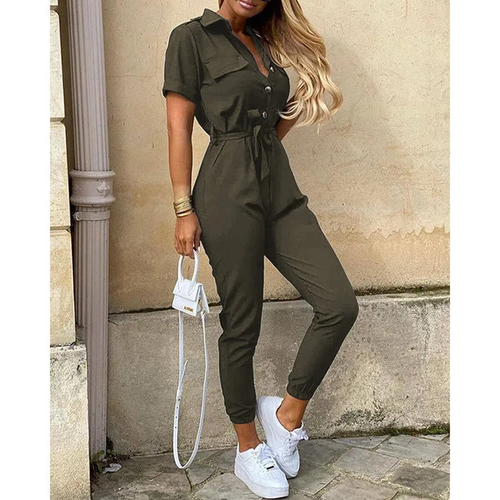 Women's Jumpsuit | Short Sleeve with Lapel | Printed Belt & Elegant Fit | Polyester