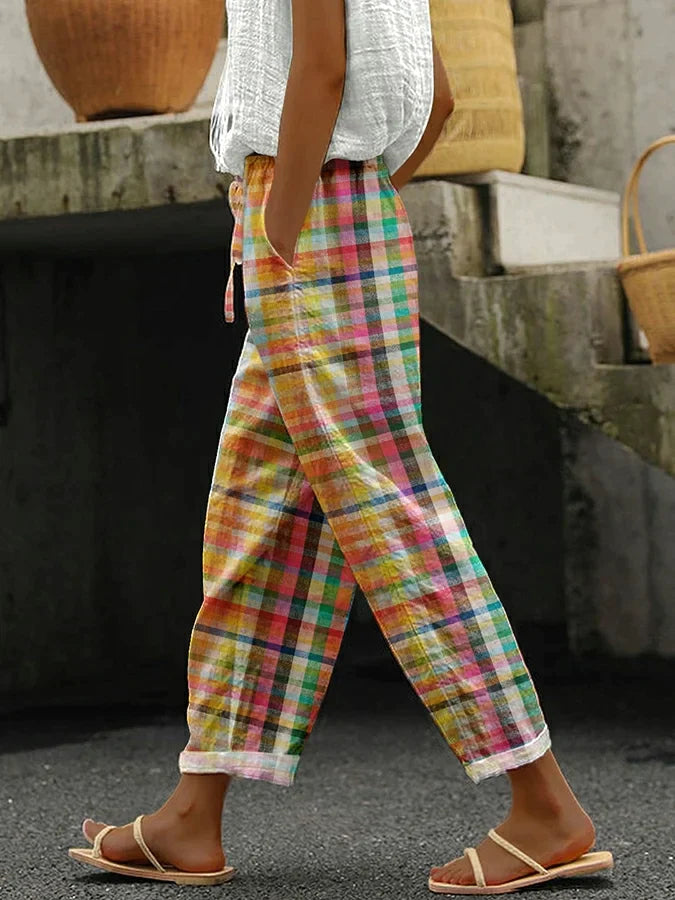 Women’s Casual Trousers | Vintage Check Pattern | Lace Detail | Lightweight & Elegant Fit