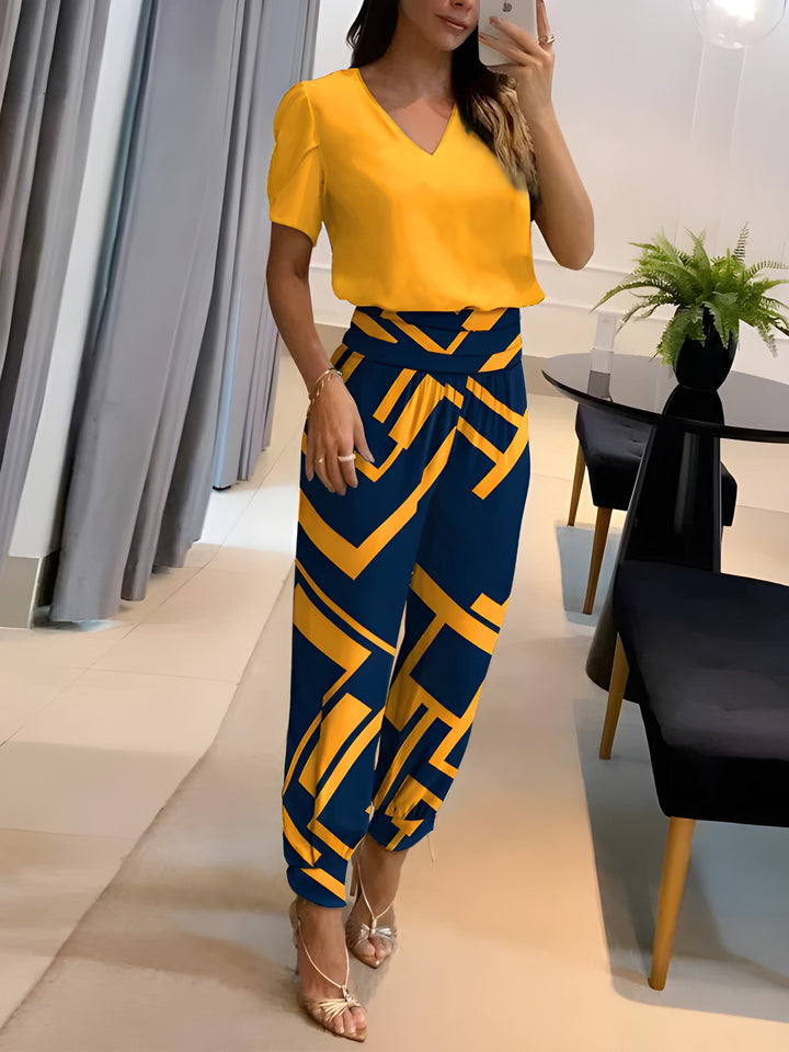 Women's Two-Piece Set | V-Neck Printed Top & Trousers | Casual Summer Outfit | Polyester