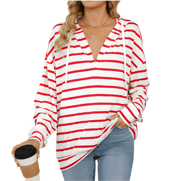 Women’s Jumper | Hooded V-Neck Sweater | Striped Casual Top
