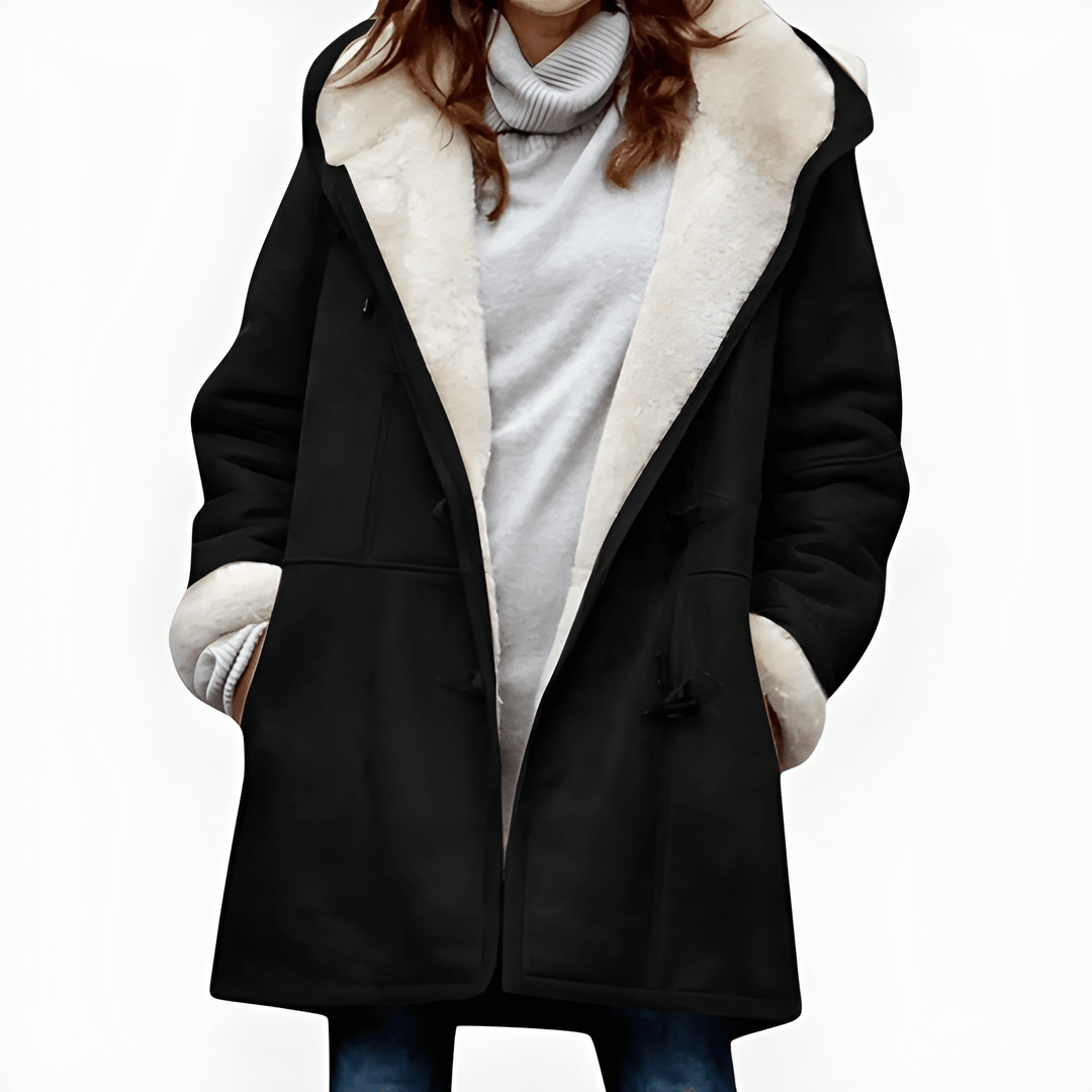 Women’s Winter Jacket | Long with Hood | Thick & Warm | Horn Buttons