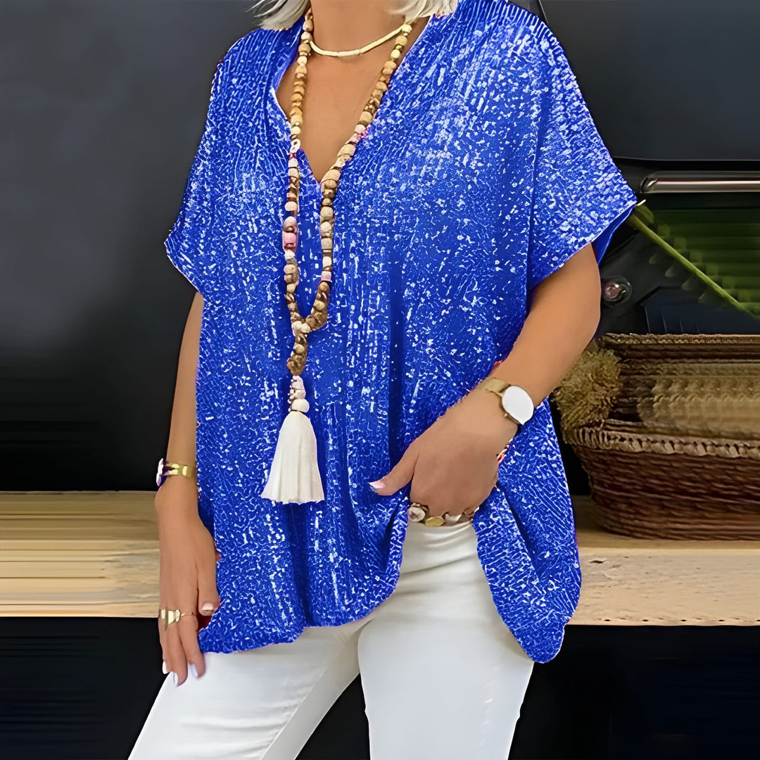 Women’s T-Shirt | V-Neck Sequin Detail | Loose-Fit Urban Summer Top
