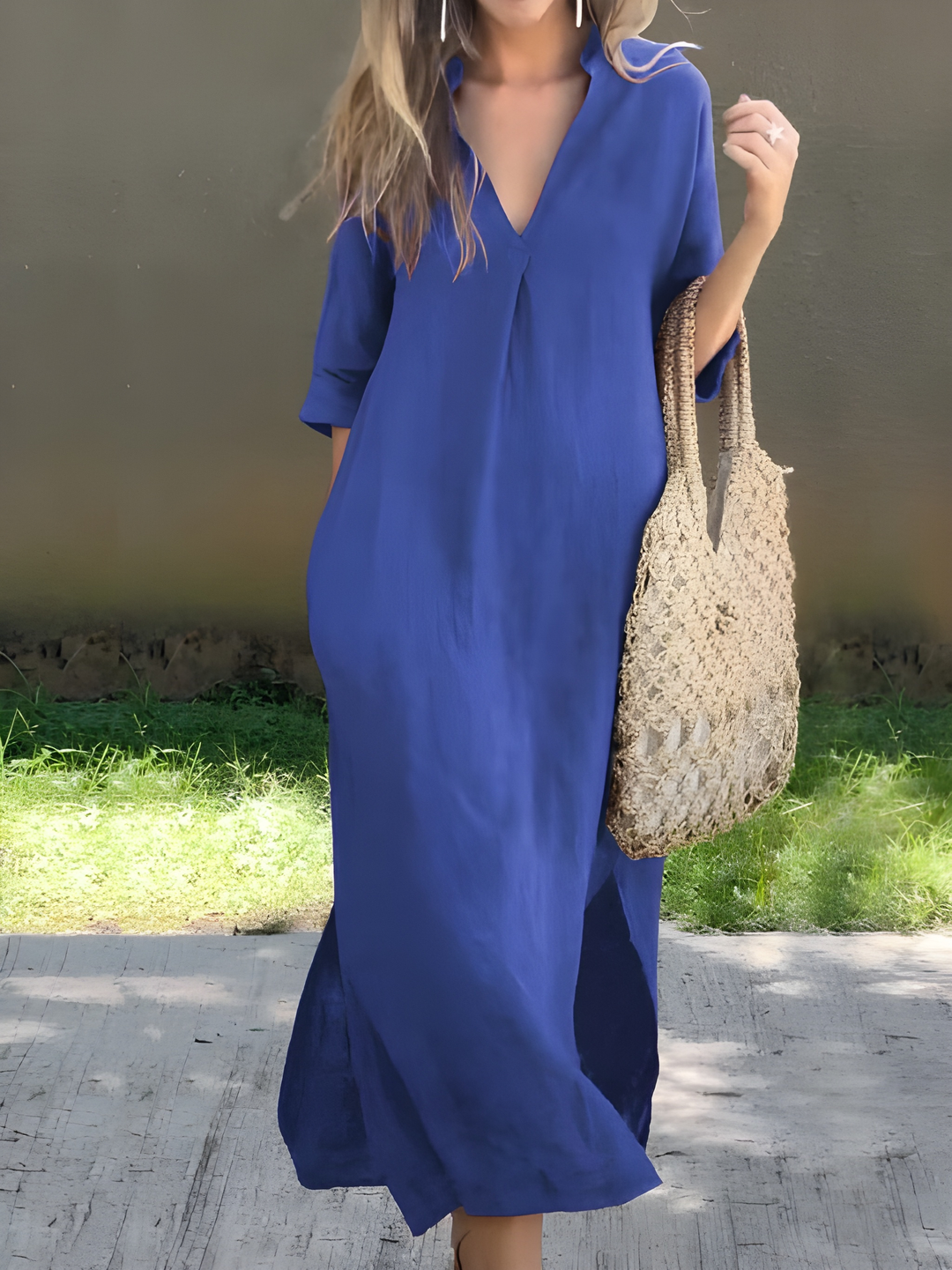 Women's Long Dress | V-Neck Cotton-Linen | Vintage Style with Pockets | Half Sleeves