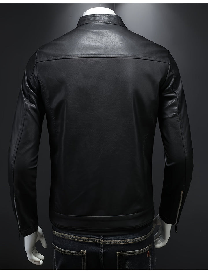 Men’s Casual Jacket | Elegant High Collar | Front Zip & Pockets | Faux Leather